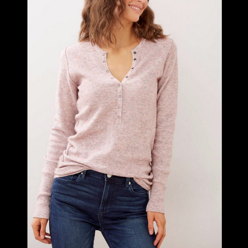 FREE PEOPLE HEATHER PINK THINK THERMAL HENLEY TOP